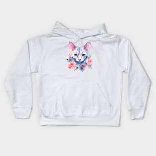 Watercolor romantic cat in flowers Kids Hoodie